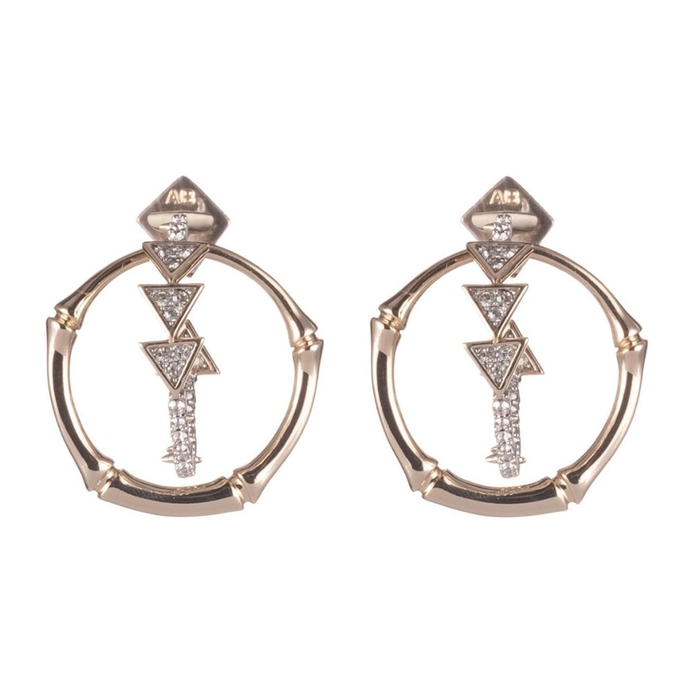 SOLD - Alexis Bittar Crystal Encrusted Gold Bamboo Orbiting Post Hoop Earrings